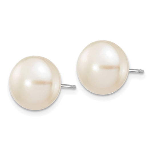 10k White Gold 10-11mm White Button Freshwater Cultured Pearl Stud Post Earrings
