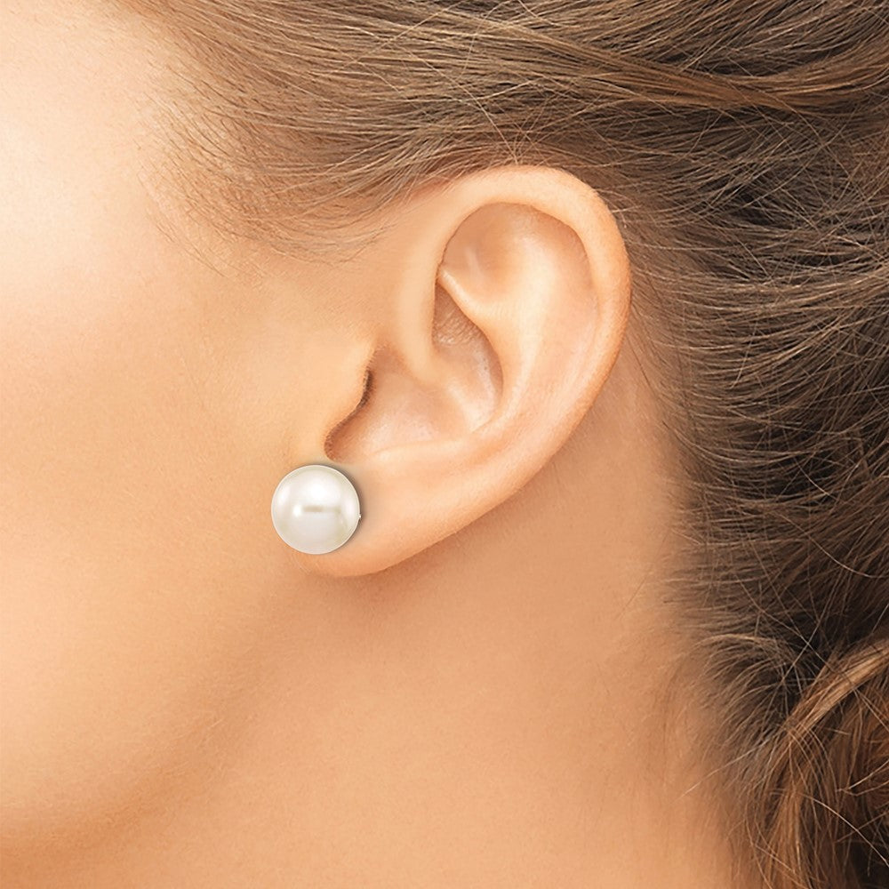 10k White Gold 10-11mm White Round Freshwater Cultured Pearl Stud Post Earrings