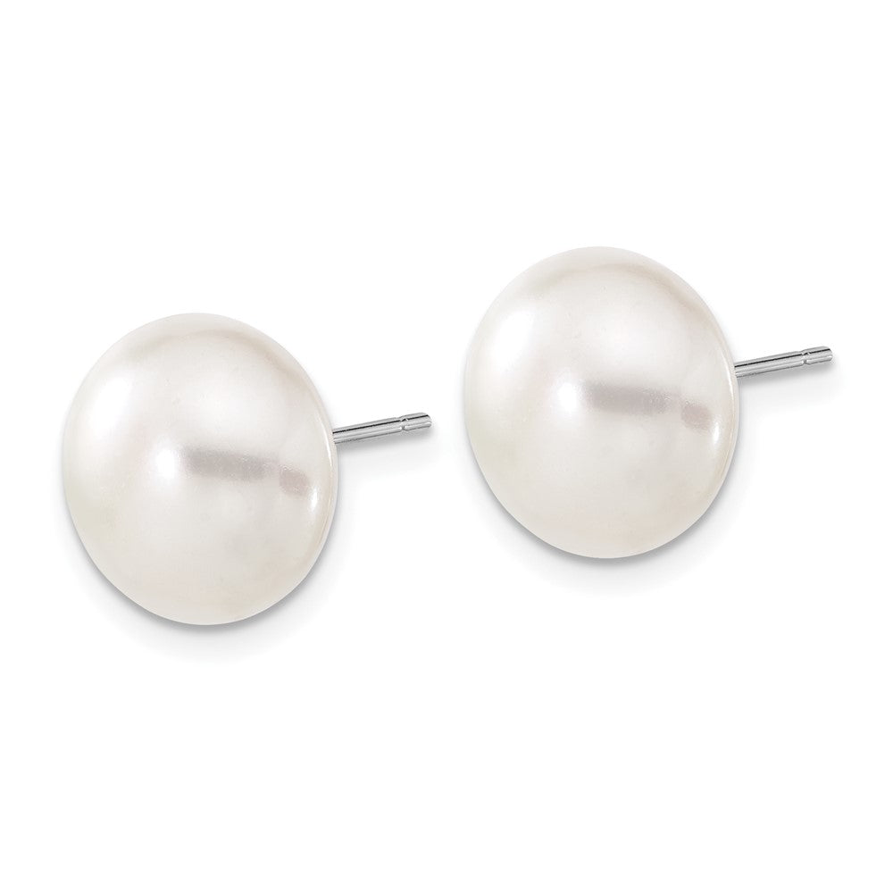 10k White Gold 11-12mm White Button Freshwater Cultured Pearl Stud Post Earrings