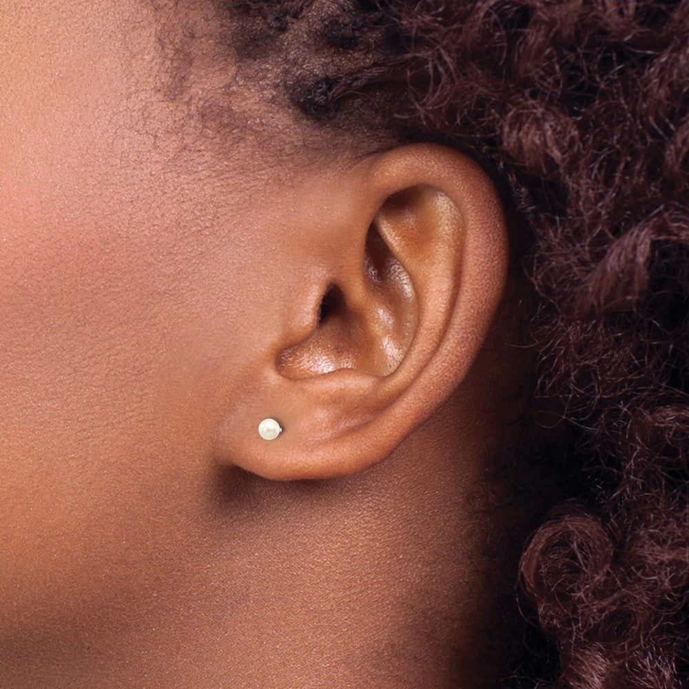 10k White Gold 3-4mm White Round Freshwater Cultured Pearl Stud Post Earrings