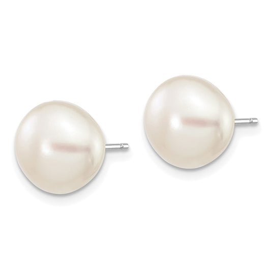 10k White Gold 9-10mm White Button Freshwater Cultured Pearl Stud Post Earrings