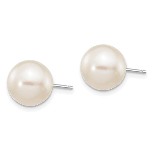 10k White Gold 9-10mm White Round Freshwater Cultured Pearl Stud Post Earrings