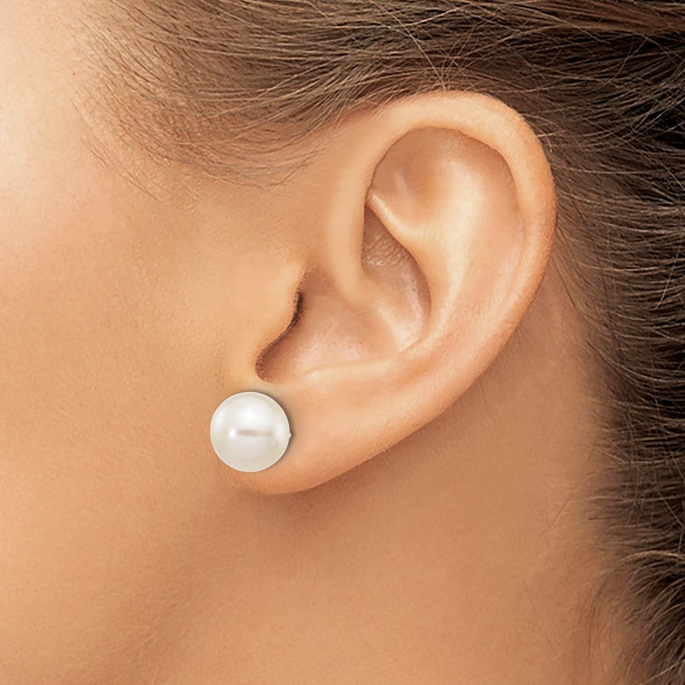 10k White Gold 9-10mm White Round Freshwater Cultured Pearl Stud Post Earrings