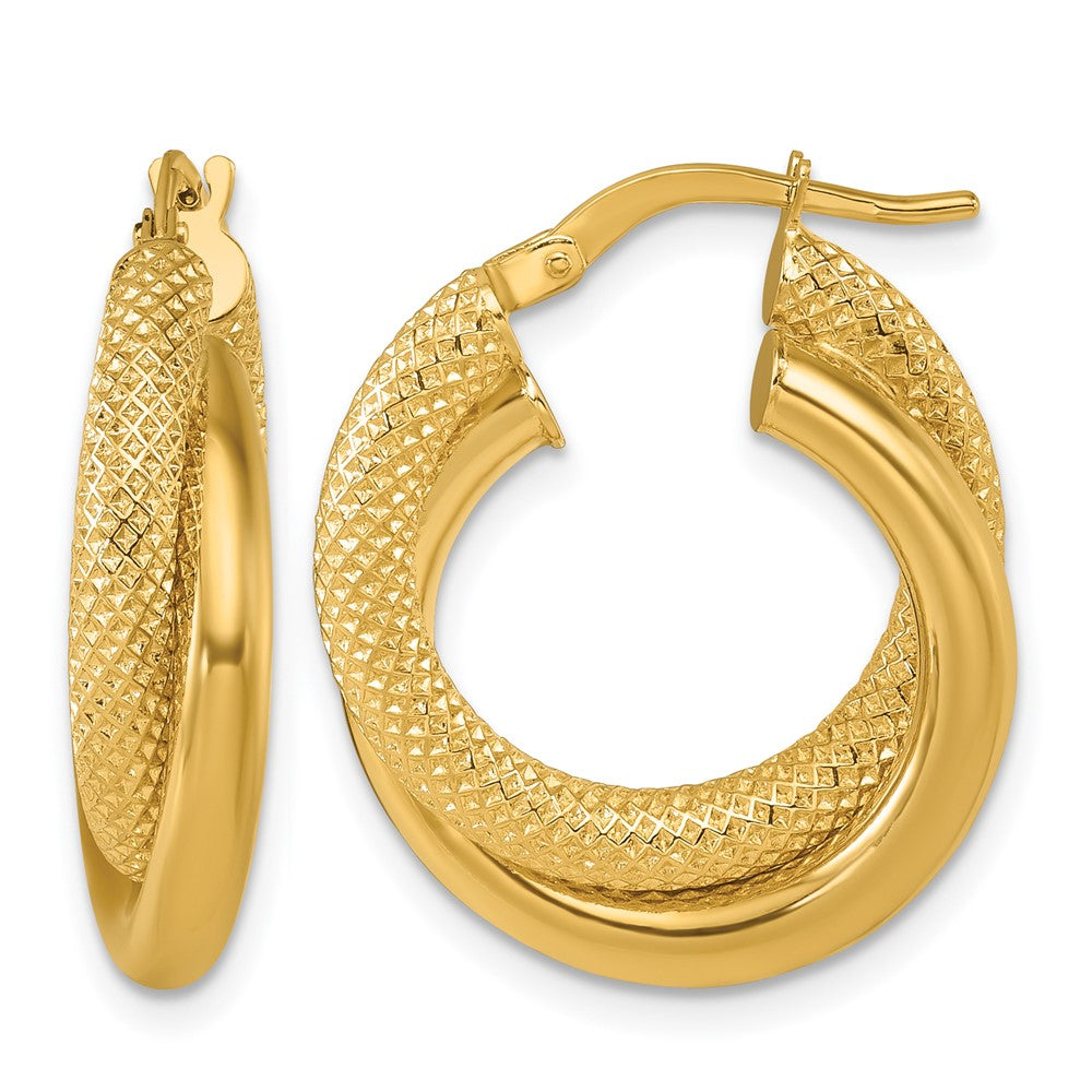 14k Yellow Gold Polished and Textured 6.0mm Round Hoop Earrings