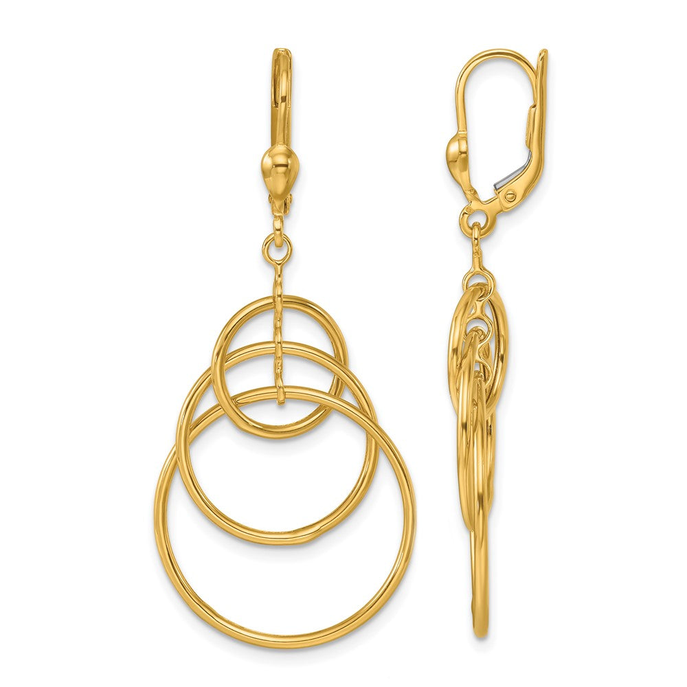 14k Yellow Gold Polished Fancy Triple Circle Leverback Dangle Earrings