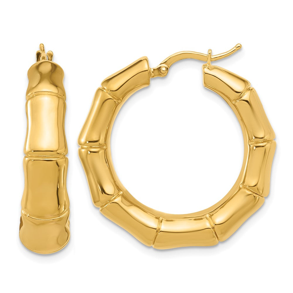 14k Yellow Gold Polished Graduated Bamboo Round Hoop Earrings