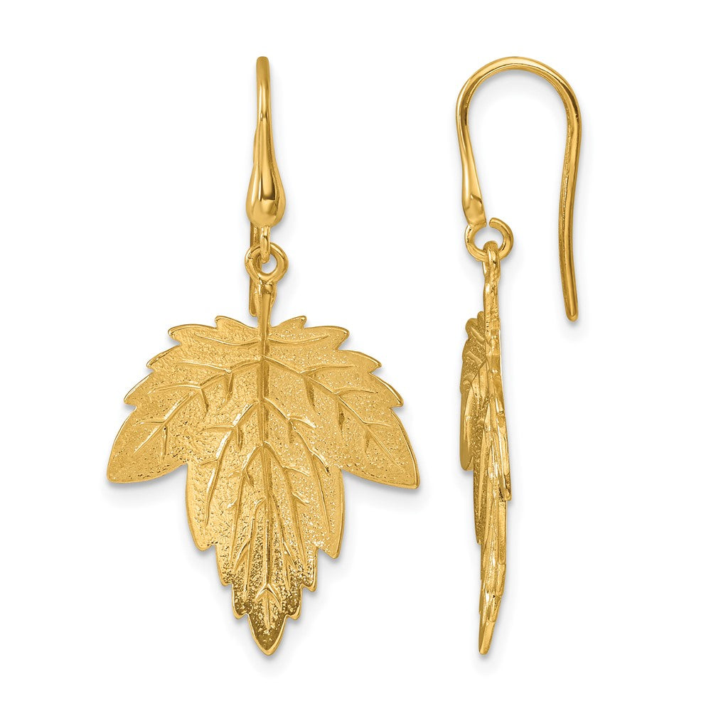 14k Yellow Gold Polished Brushed and Textured Maple Leaf Shephard Hook Dangle Earrings