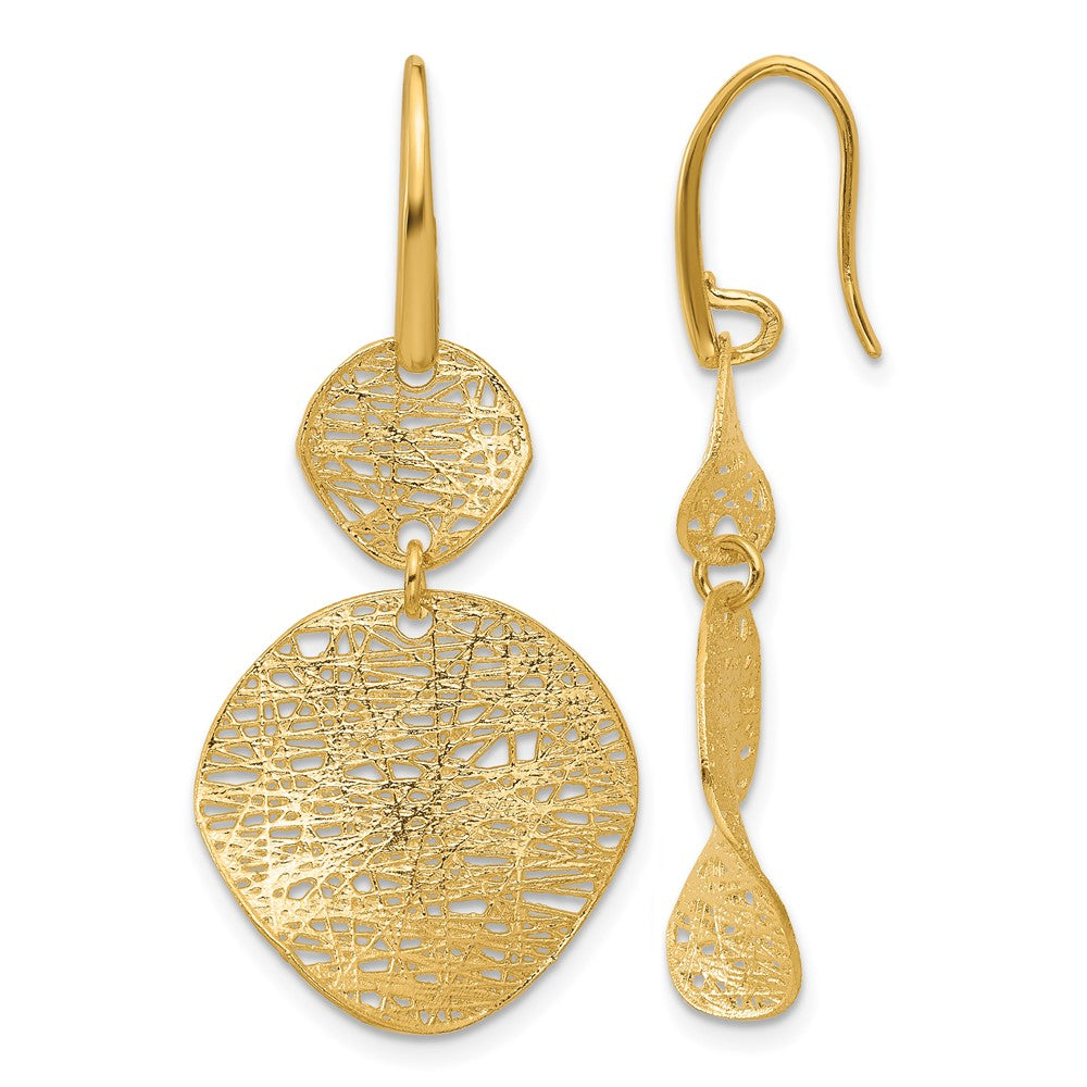 14k Yellow Gold Polished Brushed and Textured Fancy Shephard Hook Dangle Earrings