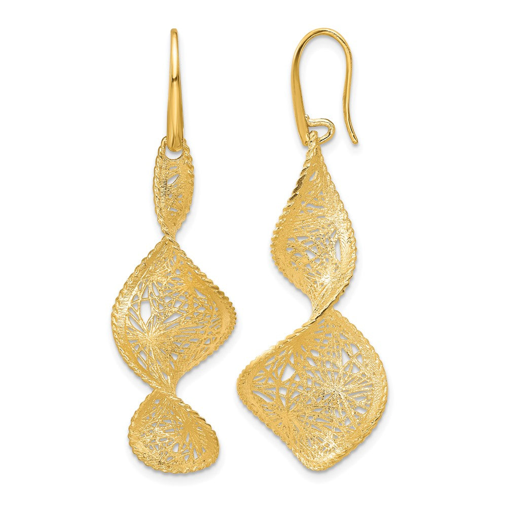 14k Yellow Gold Polished Brushed and Textured Fancy Swirl Shephard Hook Dangle Earrings