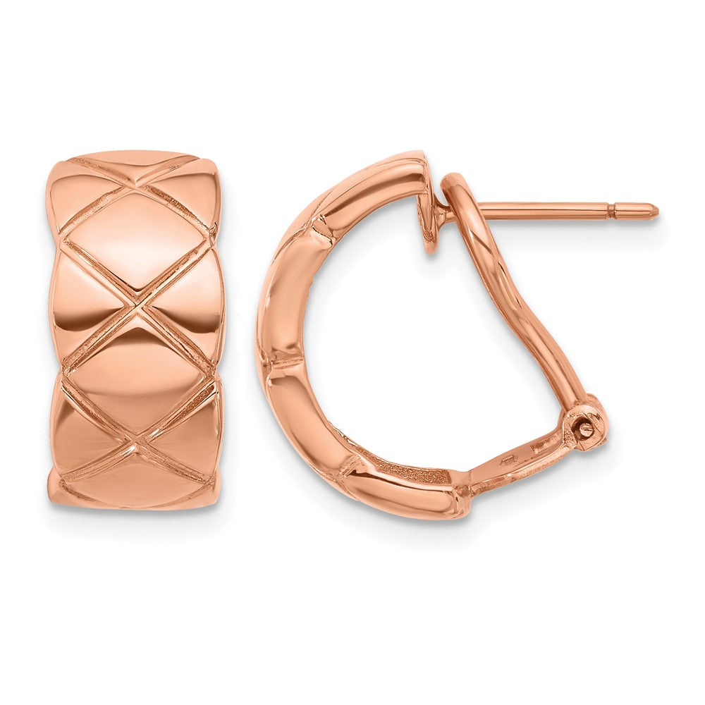 14K Rose Gold Polished Grooved Criss-cross Omega Back C-Hoop Earrings