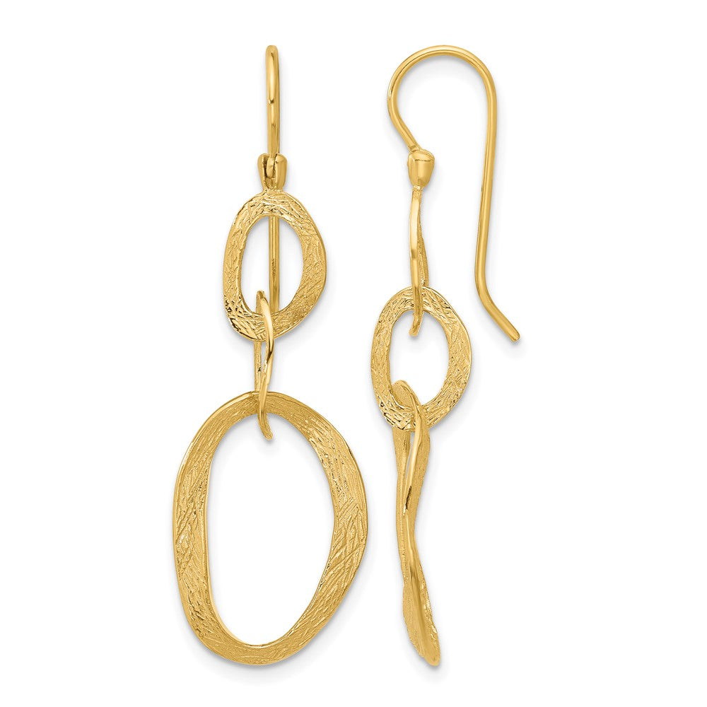 14k Yellow Gold Polished and Textured Oval Shepard Hook Dangle Earrings
