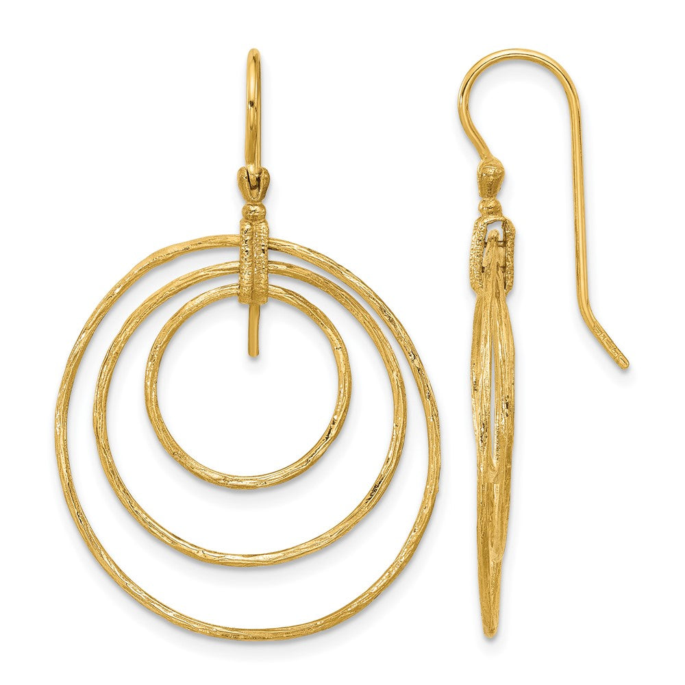 14k Yellow Gold Polished and Textured Triple Circle Shephard Hook Dangle Earrings