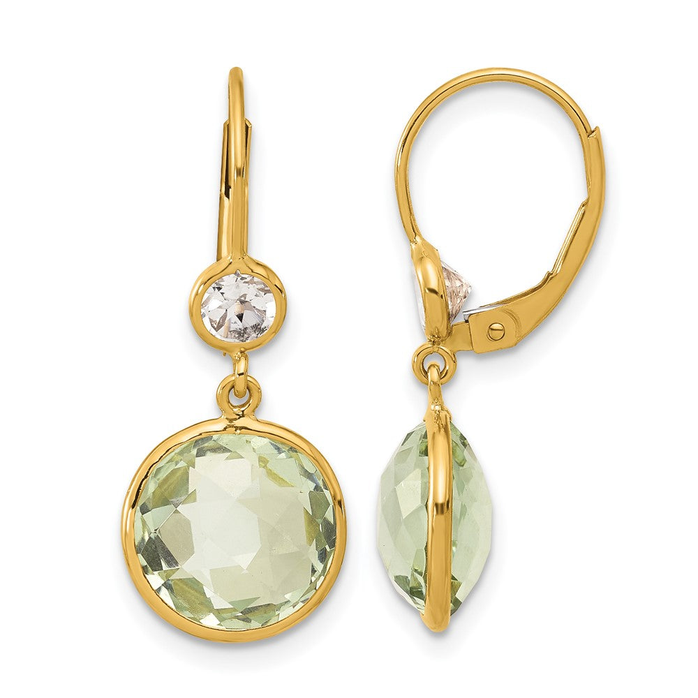 14k Yellow Gold Polished Green Quartz and White Topaz Leverback Dangle Earrings