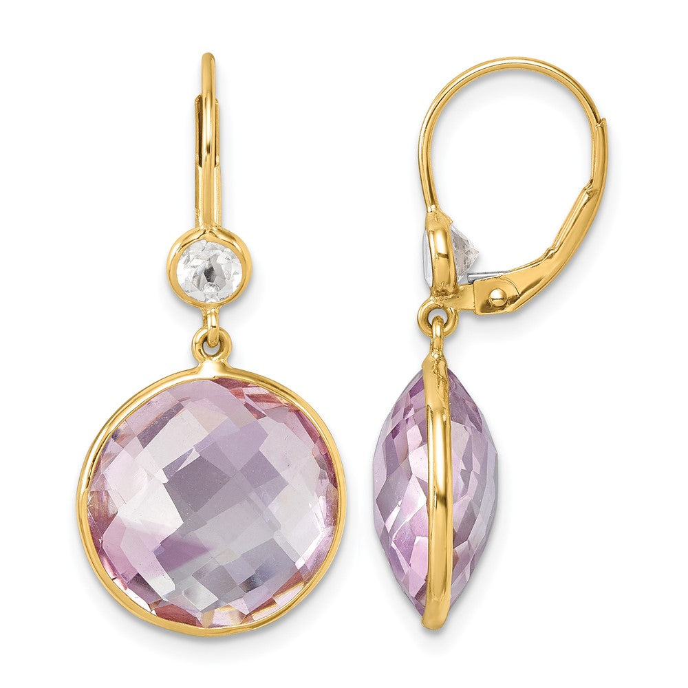 14K Yellow Gold Polished Pink Quartz and White Topaz Dangle Earrings Leverback