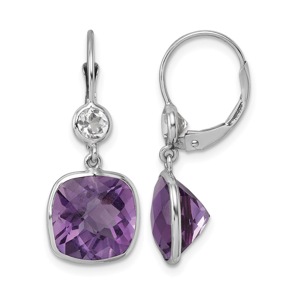 14K White Gold Rhodium-plated Polished Pink Quartz and White Topaz Leverback Dangle Earrings