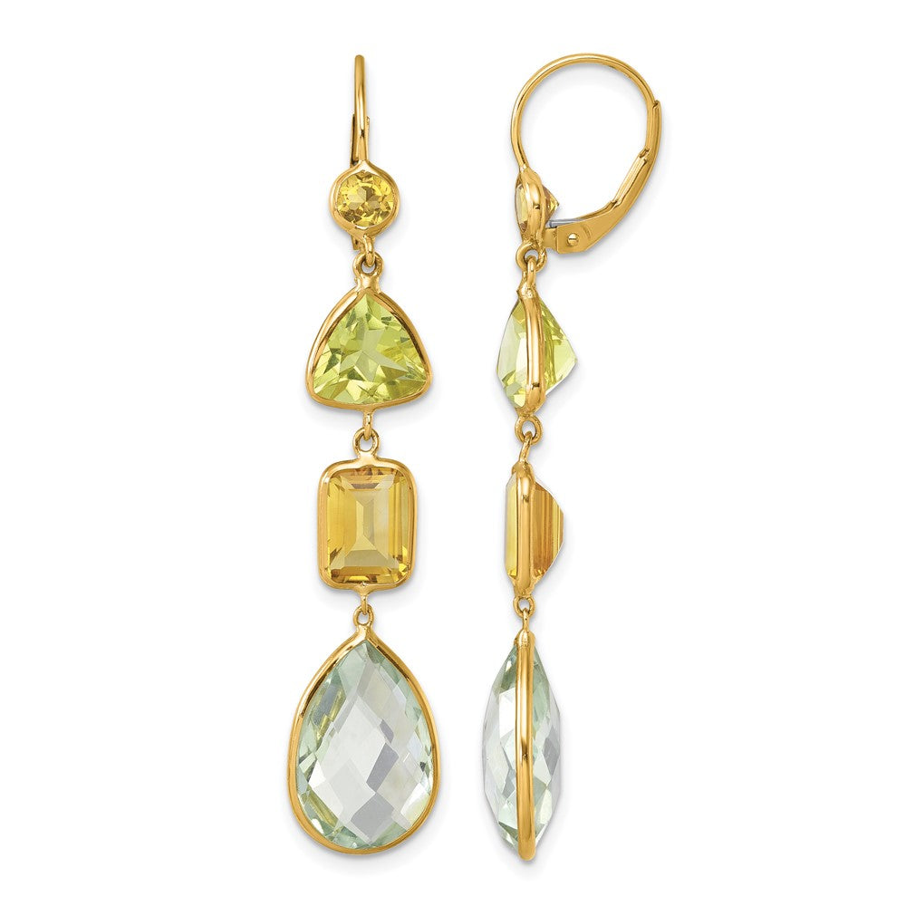 14k Yellow Gold Polished Fancy Citrine Lemon Quartz and Green Quartz Leverback Dangle Earrings