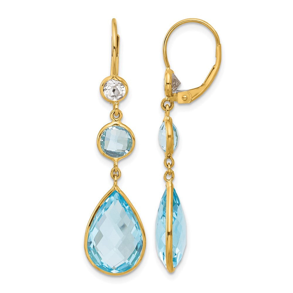 14k Yellow Gold Polished Blue and White Topaz Leverback Dangle Earrings