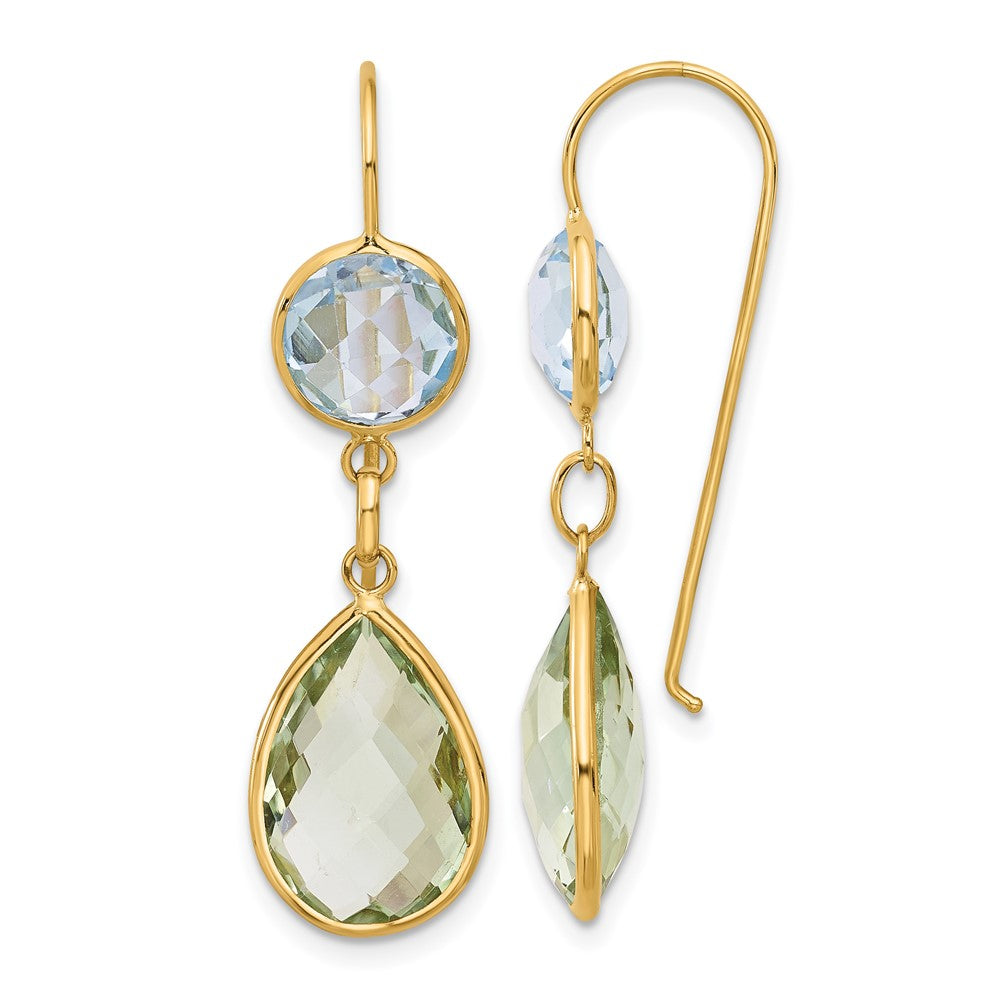 14K Yellow Gold Polished Blue Topaz and Green Quartz Dangle Earrings Leverback