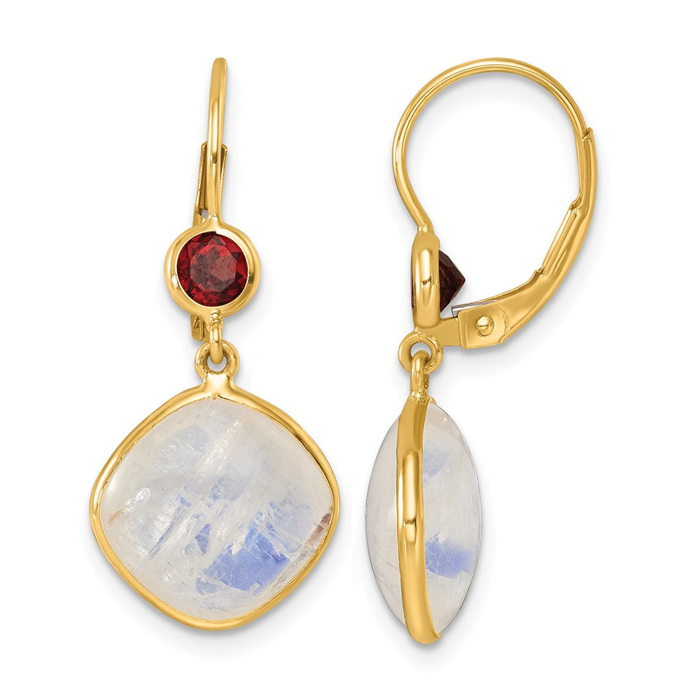 14K Yellow Gold Polished Moonstone and Garnet Topaz Dangle Earrings Leverback