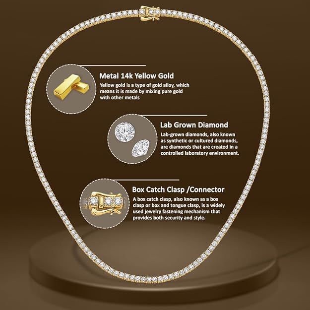14k Gold Round Cut Lab Grown Diamond Tennis Necklace 18" 4ct to 20ct, Color-E-F, Clarity- VS