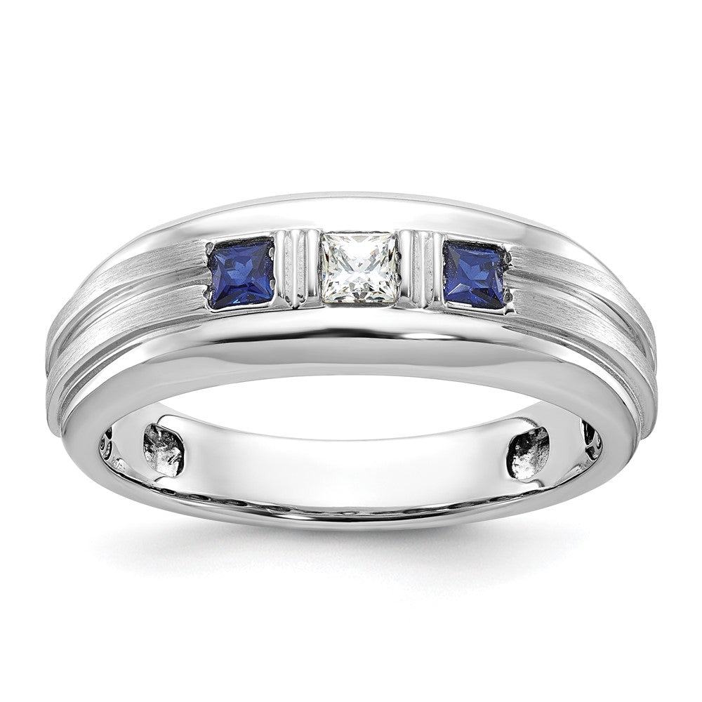 14k White Gold Men's Polished Satin Square 1/6 Carat Diamond and Lab Created Sapphire 3-Stone Ring Size 10