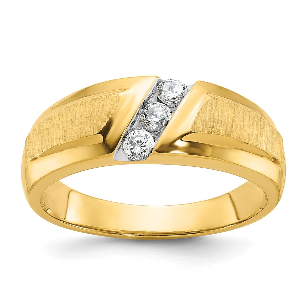 14k Yellow Gold Men's Polished and Satin 3-Stone 1/4 Carat Diamond Ring Size 10