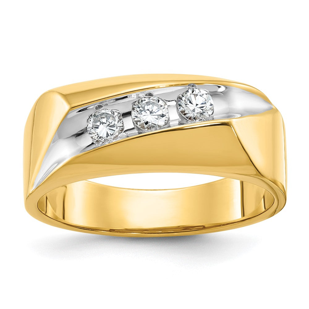 14k Yellow Gold White Rhodium Men's Polished and Grooved 3-Stone 1/3 Carat Diamond Ring Size 10
