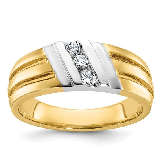 14k Two-tone Gold Men's Polished and Grooved 3-Stone 1/5 Carat Diamond Ring Size 10