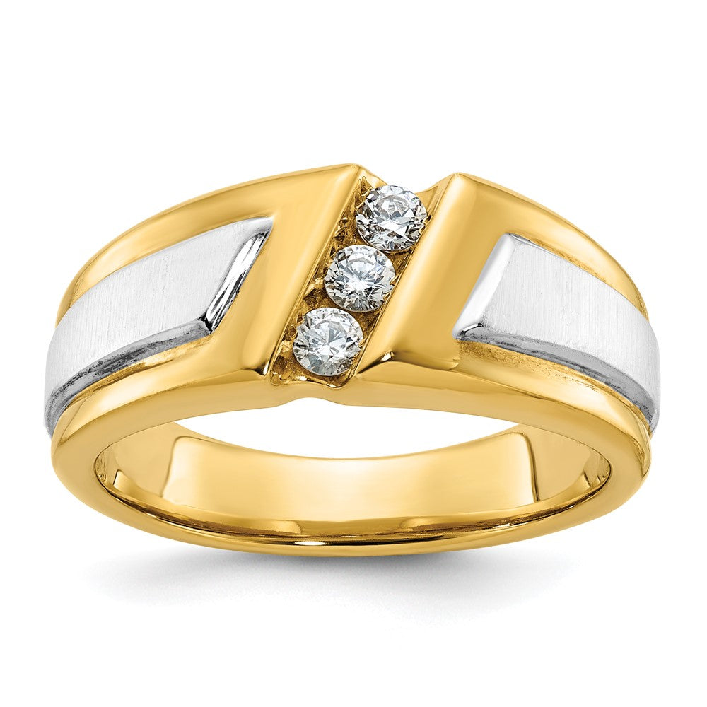 14k Two-tone Gold Men's Polished and Satin 3-Stone 1/4 Carat Diamond Ring Size 10