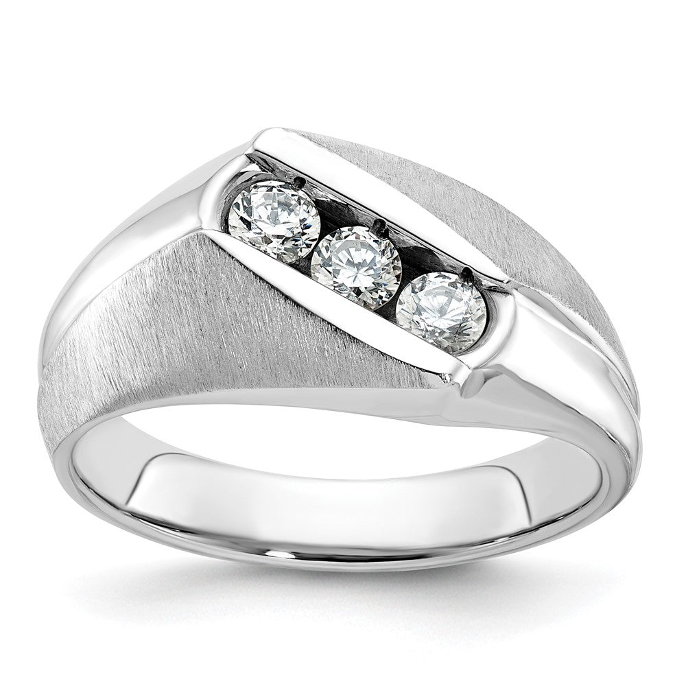 14k White Gold Men's Polished and Satin 3-Stone 1/2 Carat Diamond Ring Size 10