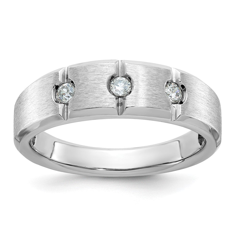 14k White Gold Men's Polished Satin and Grooved 3-Stone 1/5 Carat Diamond Ring Size 10