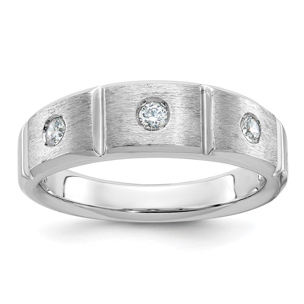 14k White Gold Men's Polished Satin 3-Stone 1/5 Carat Diamond Ring Size 10