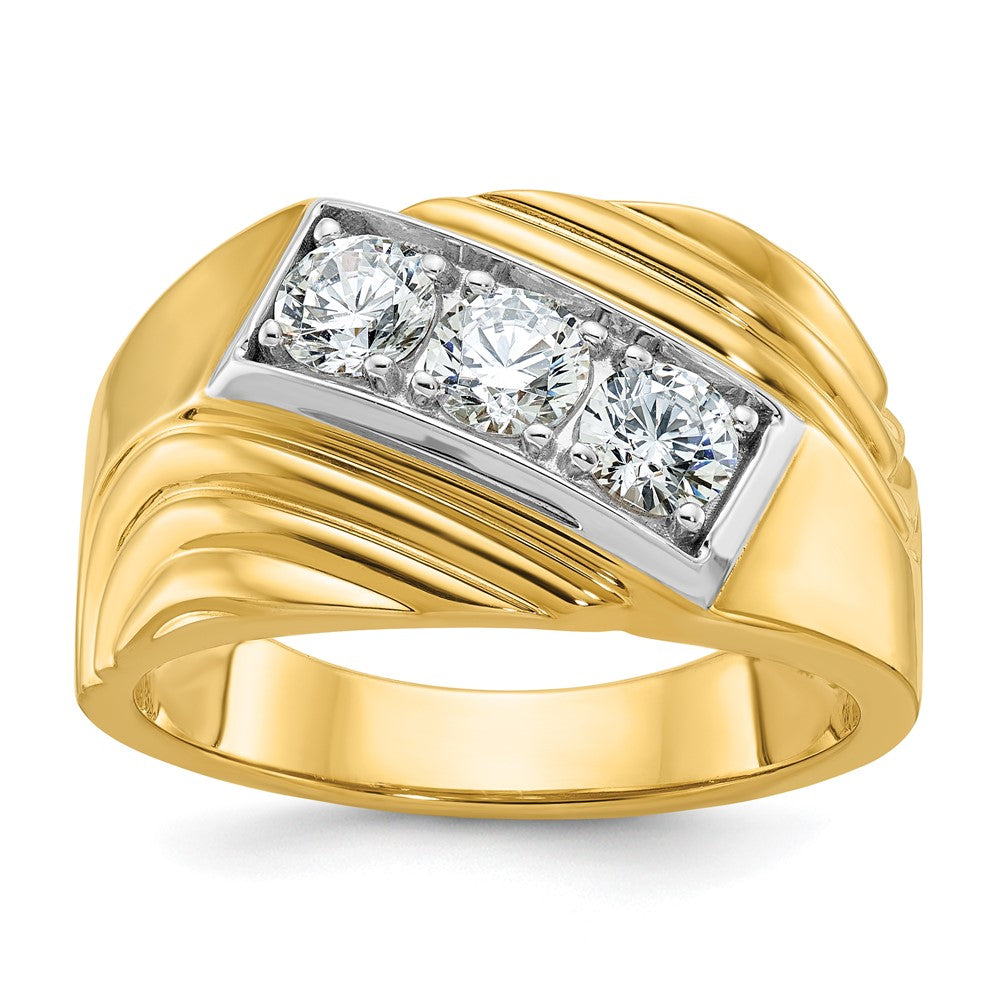 14k Yellow Gold White Rhodium Men's Polished and Grooved 3-Stone 1 Carat Diamond Ring Size 10