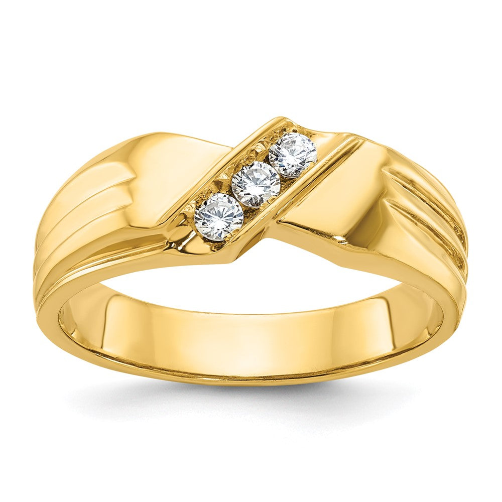 14k Yellow Gold Men's Polished and Grooved 3-Stone 1/5 Carat Diamond Ring Size 10