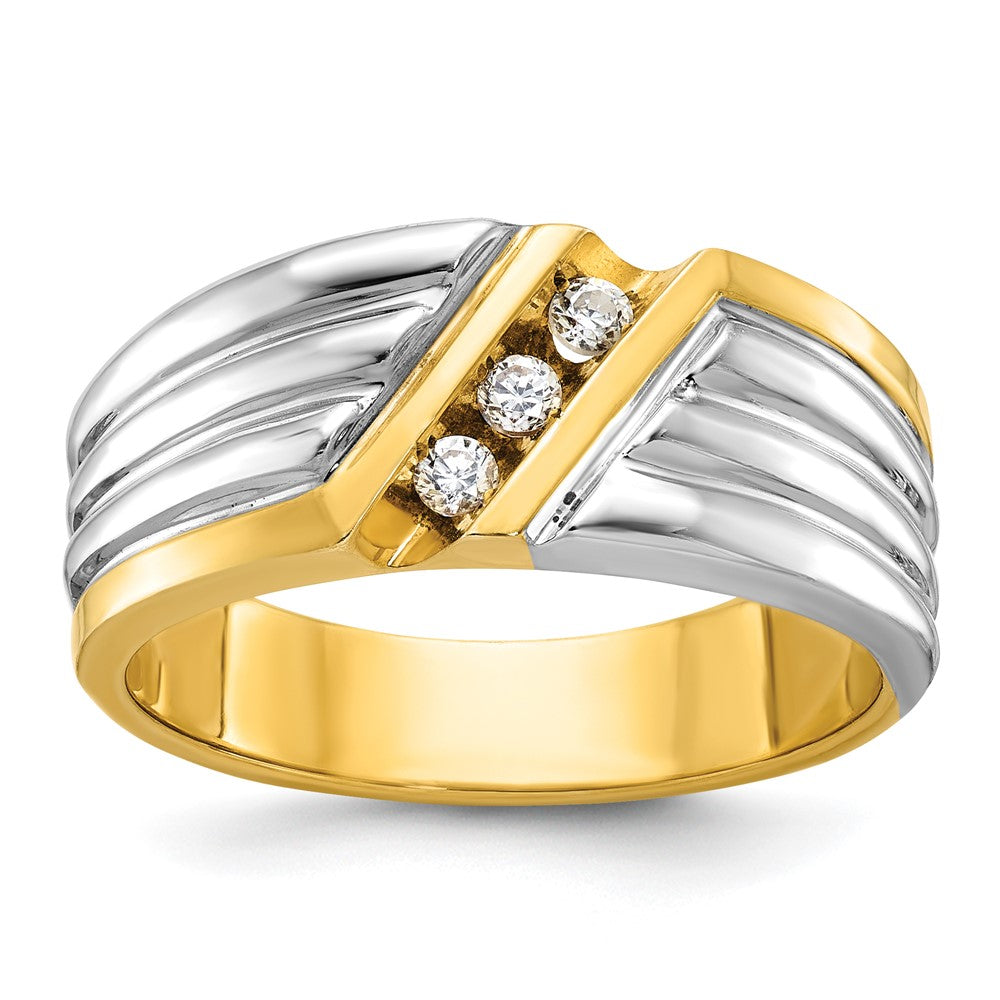 14k Two-tone Gold Men's Polished and Grooved 3-Stone 1/6 Carat Diamond Ring Size 10