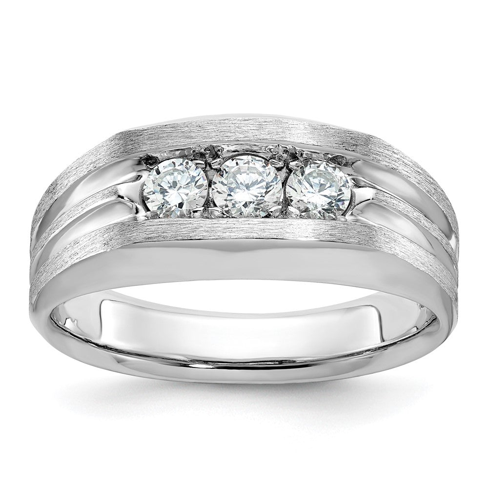 14k White Gold Men's Polished Satin and Grooved 3-Stone 1/2 Carat Diamond Ring Size 10