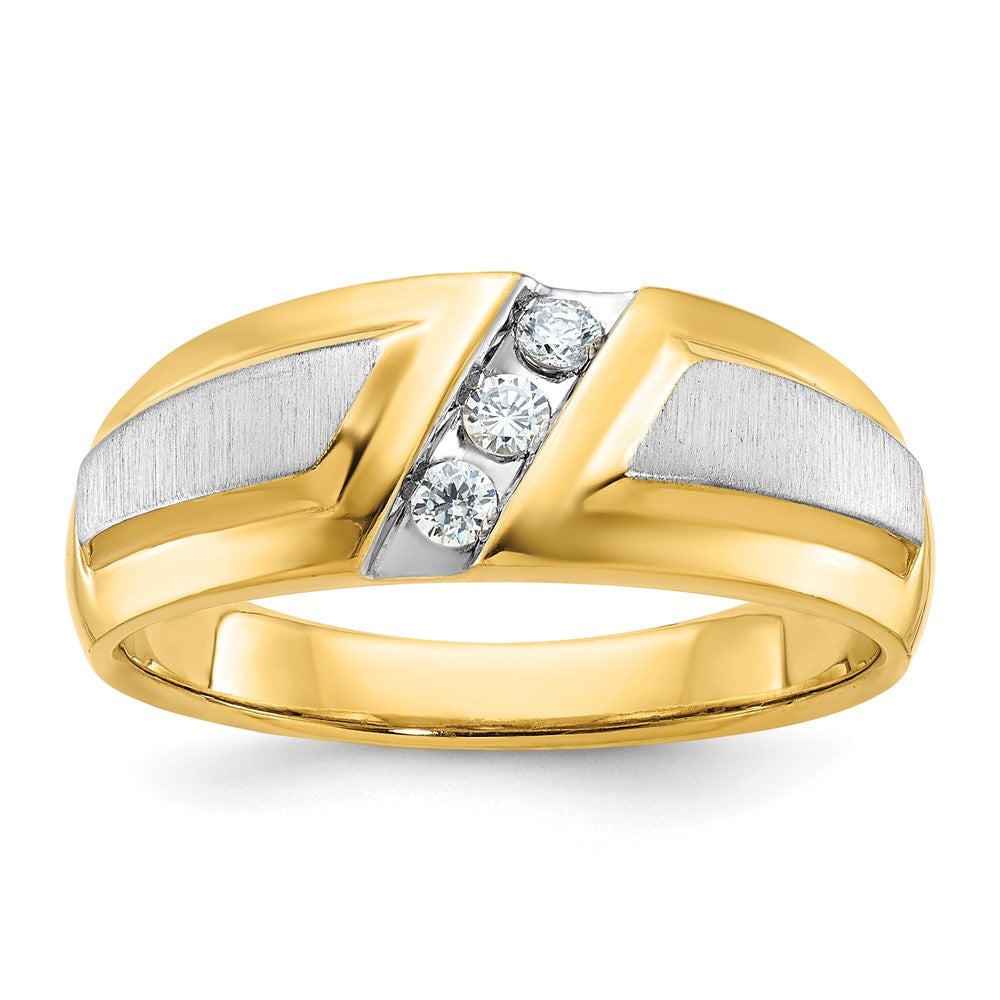 14k Two-tone Gold Men's Polished and Satin 3-Stone 1/5 Carat Diamond Ring Size 10