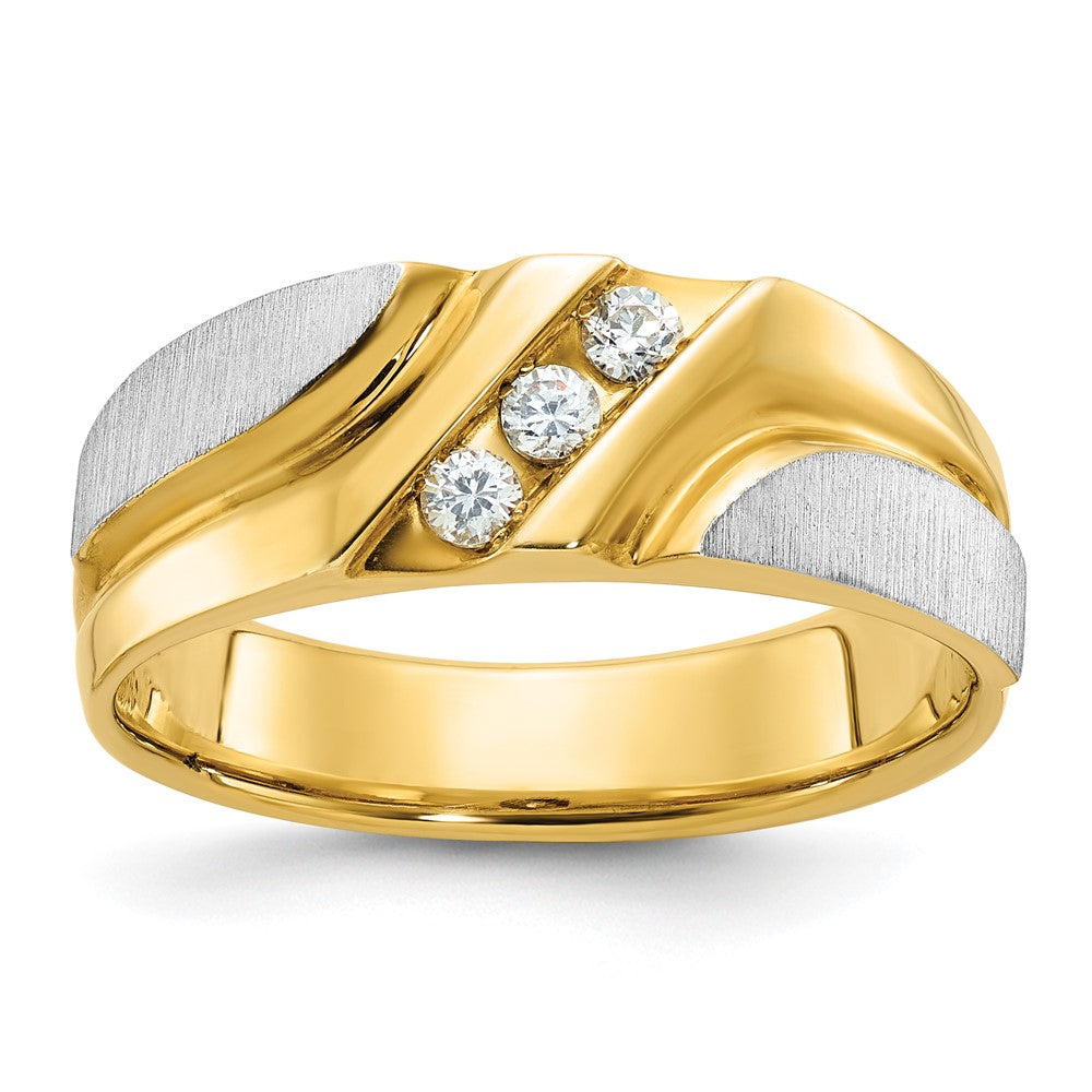 14k Two-tone Gold Men's Polished Satin and Grooved 3-Stone 1/6 Carat Diamond Ring Size 10