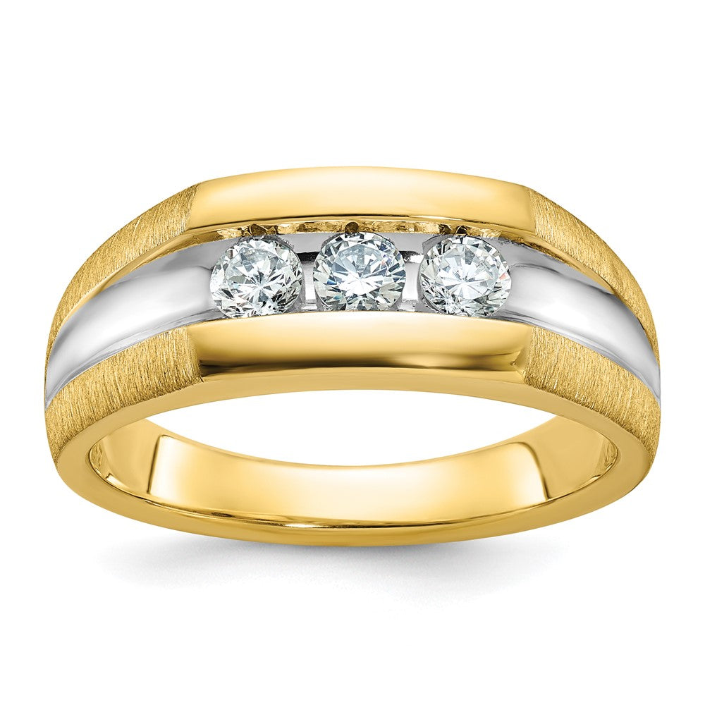 14k Yellow Gold White Rhodium Men's Polished Satin and Grooved 3-Stone 1/2 Carat Diamond Ring Size 10