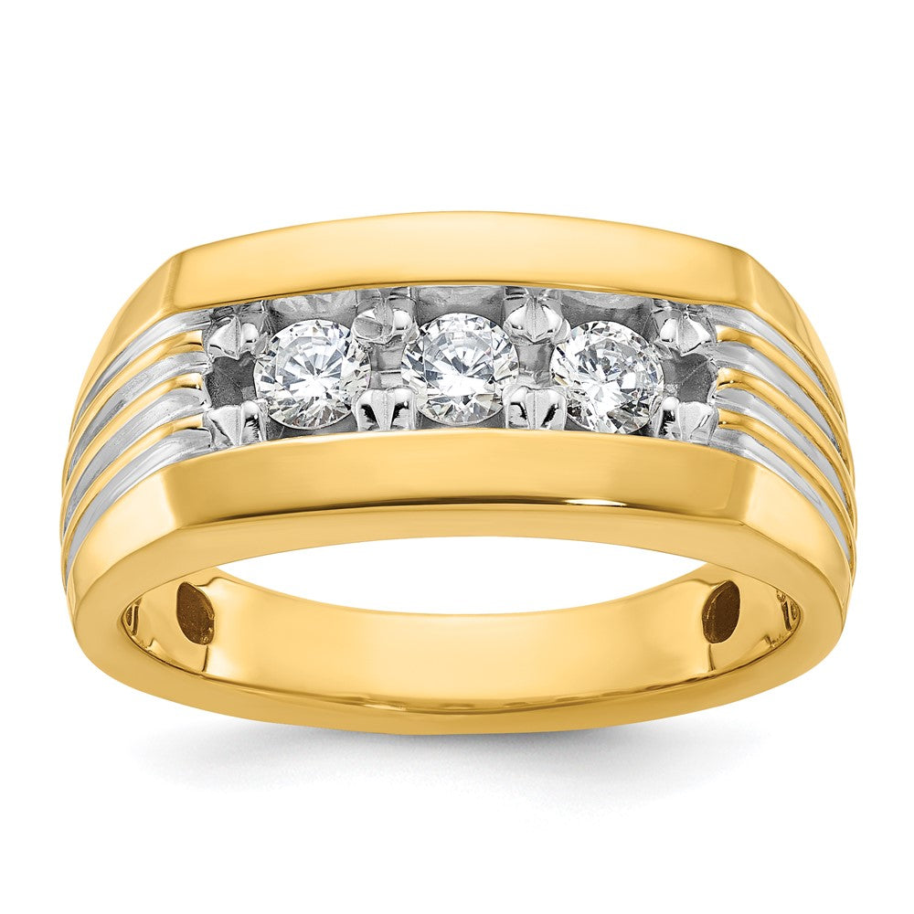 14k Yellow Gold White Rhodium Men's Polished and Grooved 3-Stone 1/2 Carat Diamond Ring Size 10