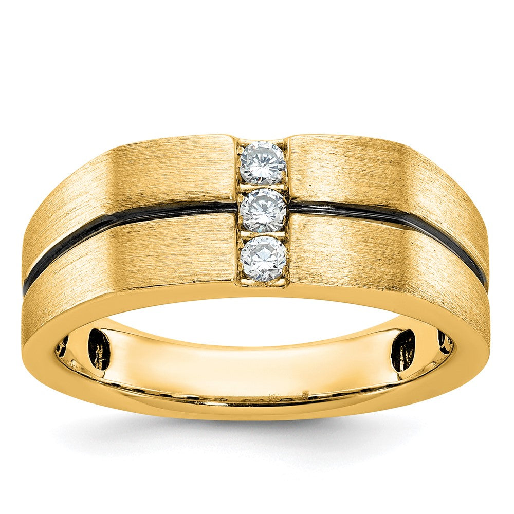 10k Yellow Gold Black Rhodium Men's Satin and Grooved 3-Stone 1/5 Carat Diamond Ring Size 10