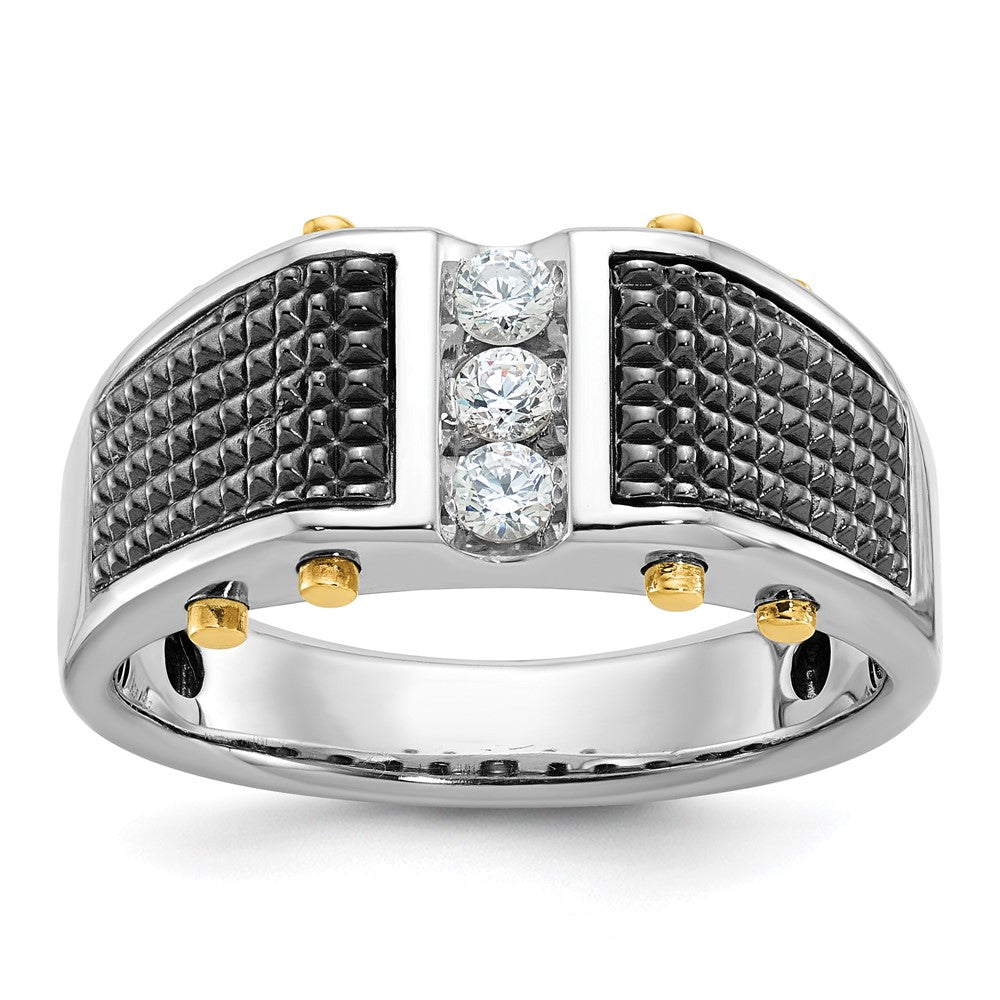 14k Two-tone Gold with Black Rhodium Men's Polished and Textured 3-Stone 1/4 Carat Diamond Ring Size 10