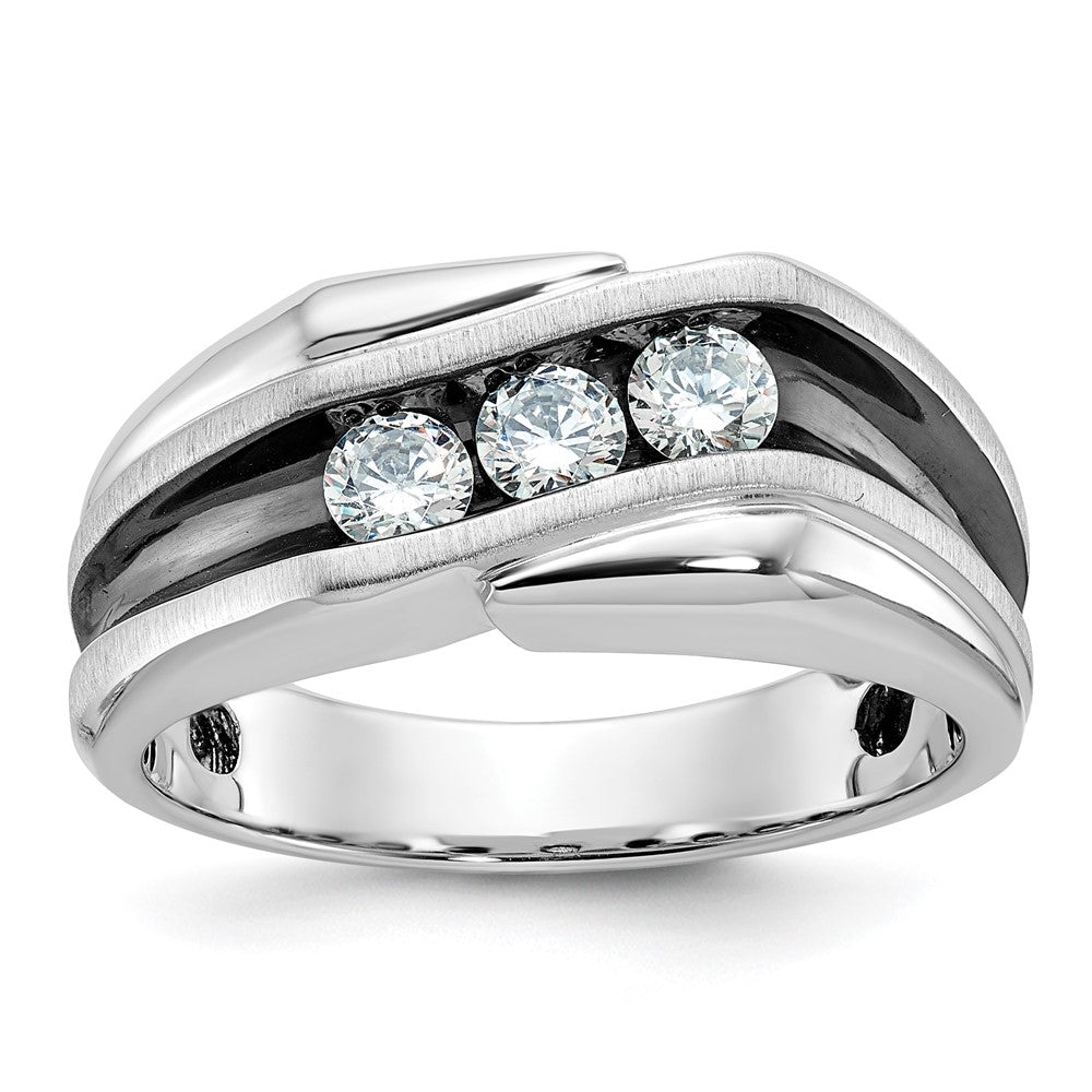 14k White Gold with Black Rhodium Men's Polished Satin and Grooved 3-Stone 1/2 Carat Diamond Ring Size 10