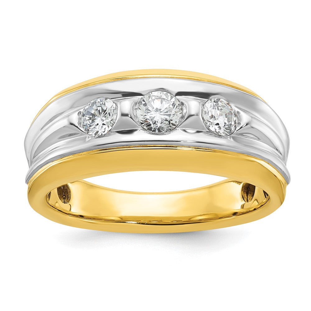14k Two-tone Gold Men's Polished and Grooved 3-Stone 3/4 Carat Diamond Ring Size 10