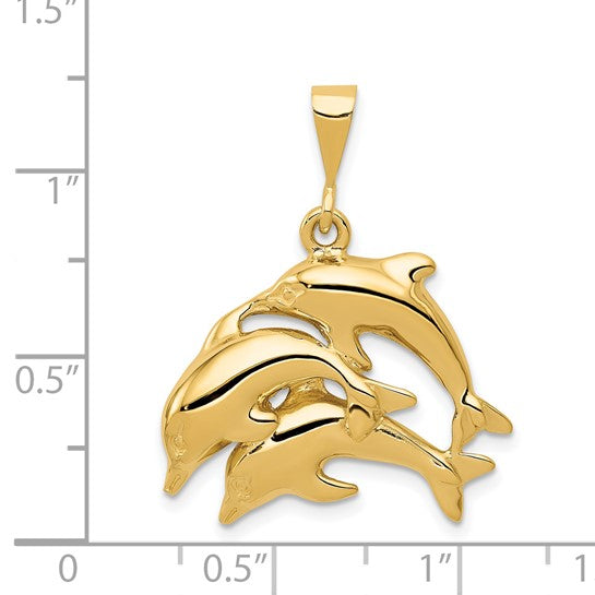 14k Yellow Gold Polished Three Dolphin Charm Pendant L-31 mm, W-23 mm