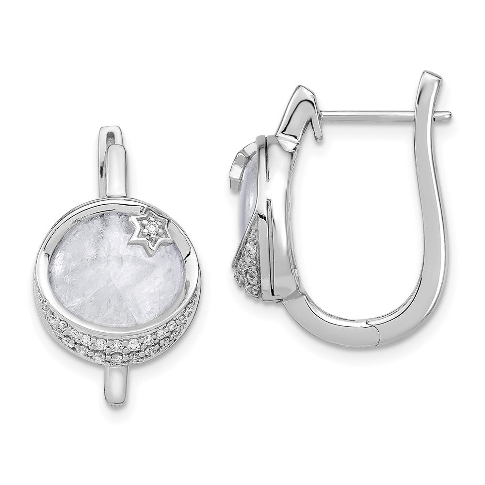 14k White Gold Diamond & Moonstone Moon Star Hinged Hoop Earrings