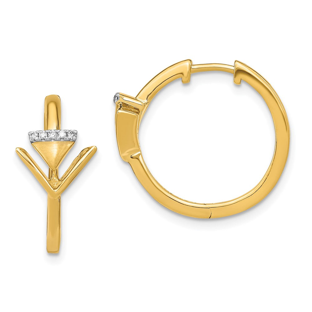 14k Yellow Gold Satin Polished Diamond Triangle Hinged Hoop Earrings