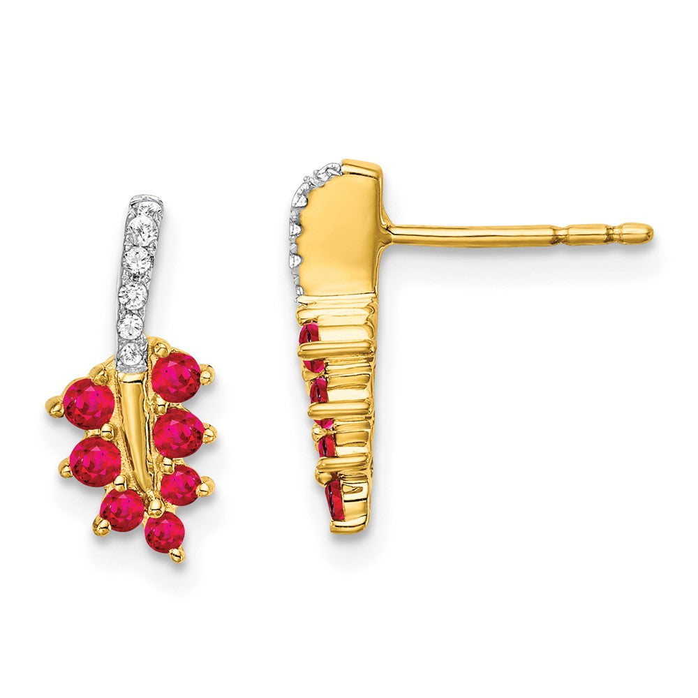 14k Yellow Gold Ruby and Diamond Leaf Stud Earrings