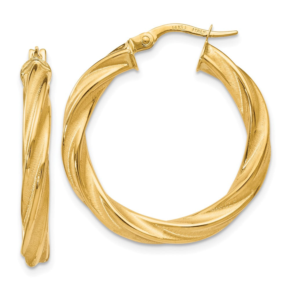 14k Yellow Gold Polished Scratch-finish Twisted Hoop Earrings