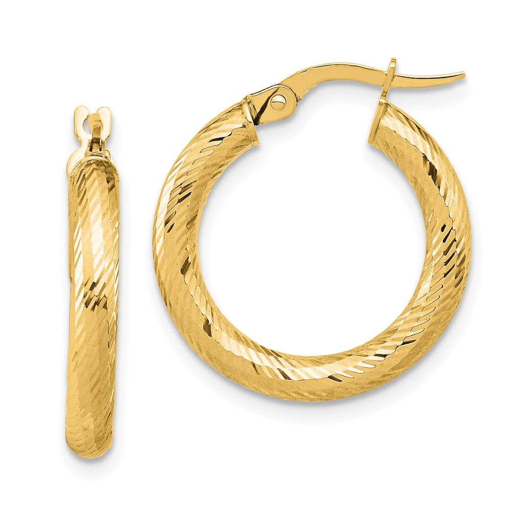 14k Yellow Gold 3x15 Diamond-Cut Round Hoop Earrings